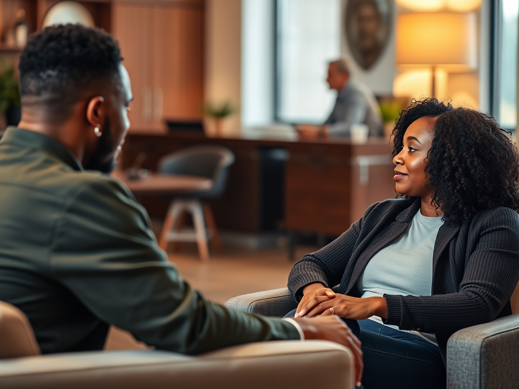 A sleek, neutral-toned clipboard with a structured, matte finish holds a blank assessment form with clean lines and ample white space, atop a smooth taupe desk with understated grain. The setting is a modern office environment, with a blurred, minimalist shelving unit in the background displaying neatly organized files and a subtle, neutral ceramic planter. Soft, natural light from an unseen window to the side casts delicate shadows and softly illuminates the scene, providing a sense of order and focus. Captured from a slightly elevated, off-center viewpoint utilizing the rule of thirds, the image conveys precision, professionalism, and readiness. Photographic realism with balanced composition and corporate style, supporting the therapy site's emphasis on structured support and confidential assessment.