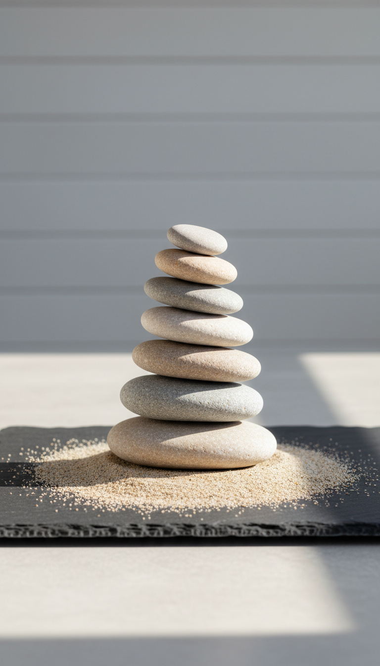 A perfectly balanced, minimalist arrangement of smooth river stones stacked on top of one another in varying neutral tones of soft gray and beige, symbolizing harmony and stability. The stones rest on a clean, gently textured sand surface atop a broad matte slate tabletop. The setting features a backdrop of a lightly blurred structured wall with subtle horizontal lines, lending a sense of quiet order. Soft, diffused daylight bathes the scene, casting gentle shadows and subtle highlights, enhancing the textures and curves of each stone. Shot from a slightly elevated, centered angle with sharp focus throughout, the composition radiates professionalism, calm, and clarity. The image embodies photographic realism with a clean, modern, corporate aesthetic. This visual metaphor aligns with the therapy services site's mission of helping couples and individuals restore balance and cohesion.