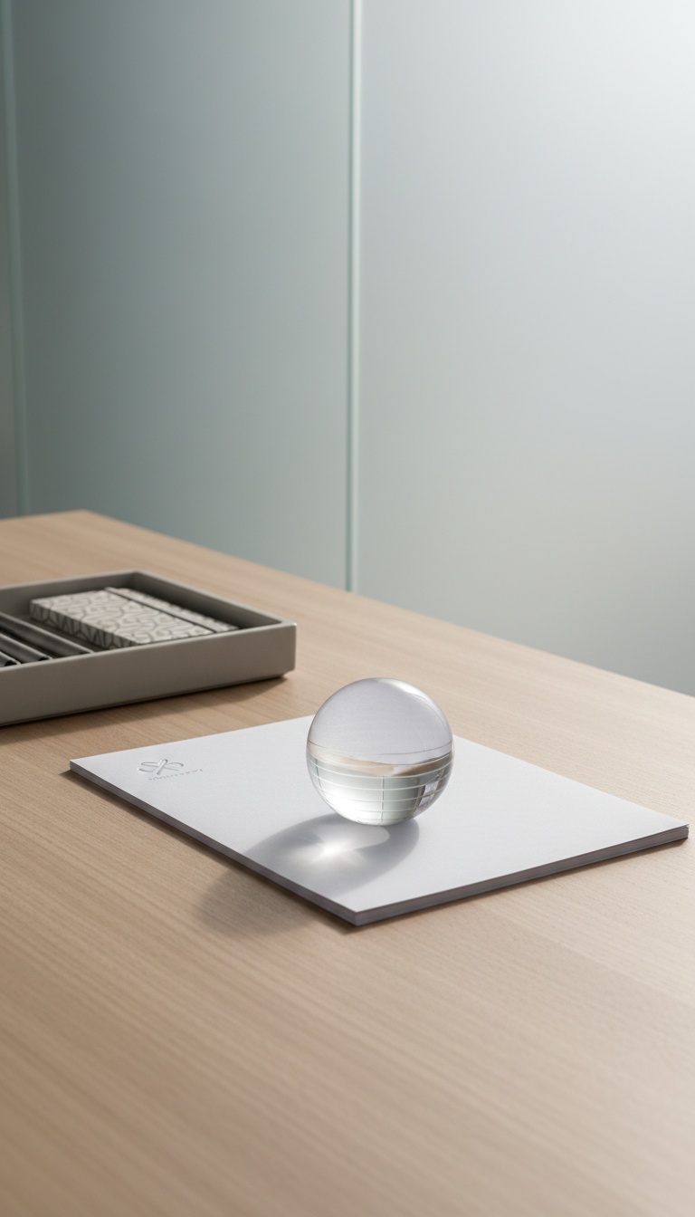 An elegant, neutral-hued paperweight crafted from frosted glass, shaped into a perfect sphere with subtle tactile ridges, sits atop a stack of crisp white stationery on a smooth, pale wood desk. The arrangement is highlighted by the clean geometry of a square organizer tray nearby, filled with matte steel pens and a minimal, structured notebook. Light pours in through a nearby frosted glass wall, creating soft highlights and carefully graduated shadows that emphasize the textures and linear elements. The composition is photographed at eye level, with the paperweight centered and the items arranged in tidy alignment to convey balance and intention. The scene evokes a calm, focused, professional atmosphere, rendered in a photographic, clean, and modern corporate aesthetic suited for therapy services branding.
